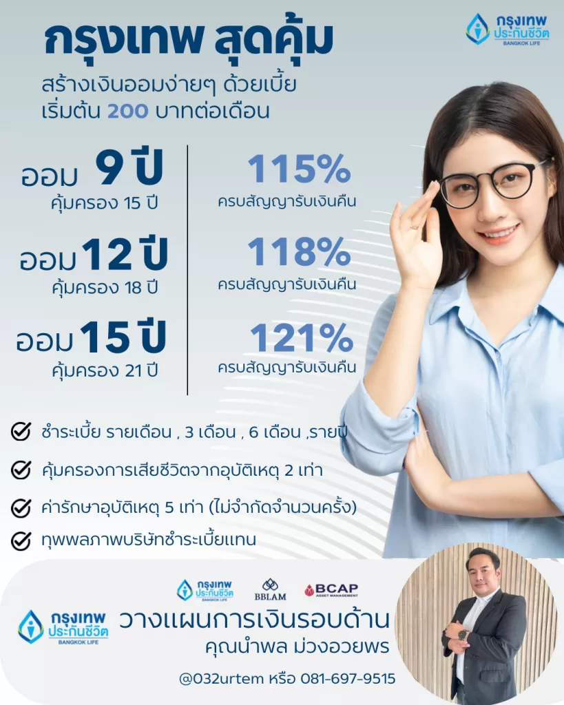 กรุงเทพ สุดคุ้มอยากออมเงินให้โต รับคืน 121% ใน 15 ปีเริ่มแค่ 200 บาท/เดือน